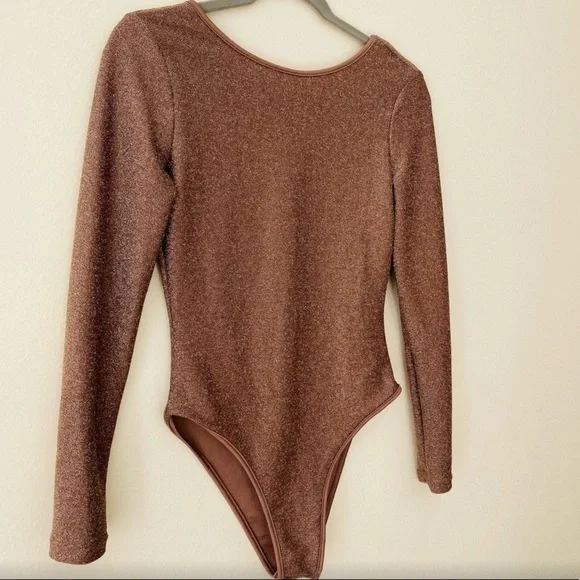 Shein METALLIC bronze STRETCH BODYSUIT open back BLOUSE SHIRT - Picture 10 of 15